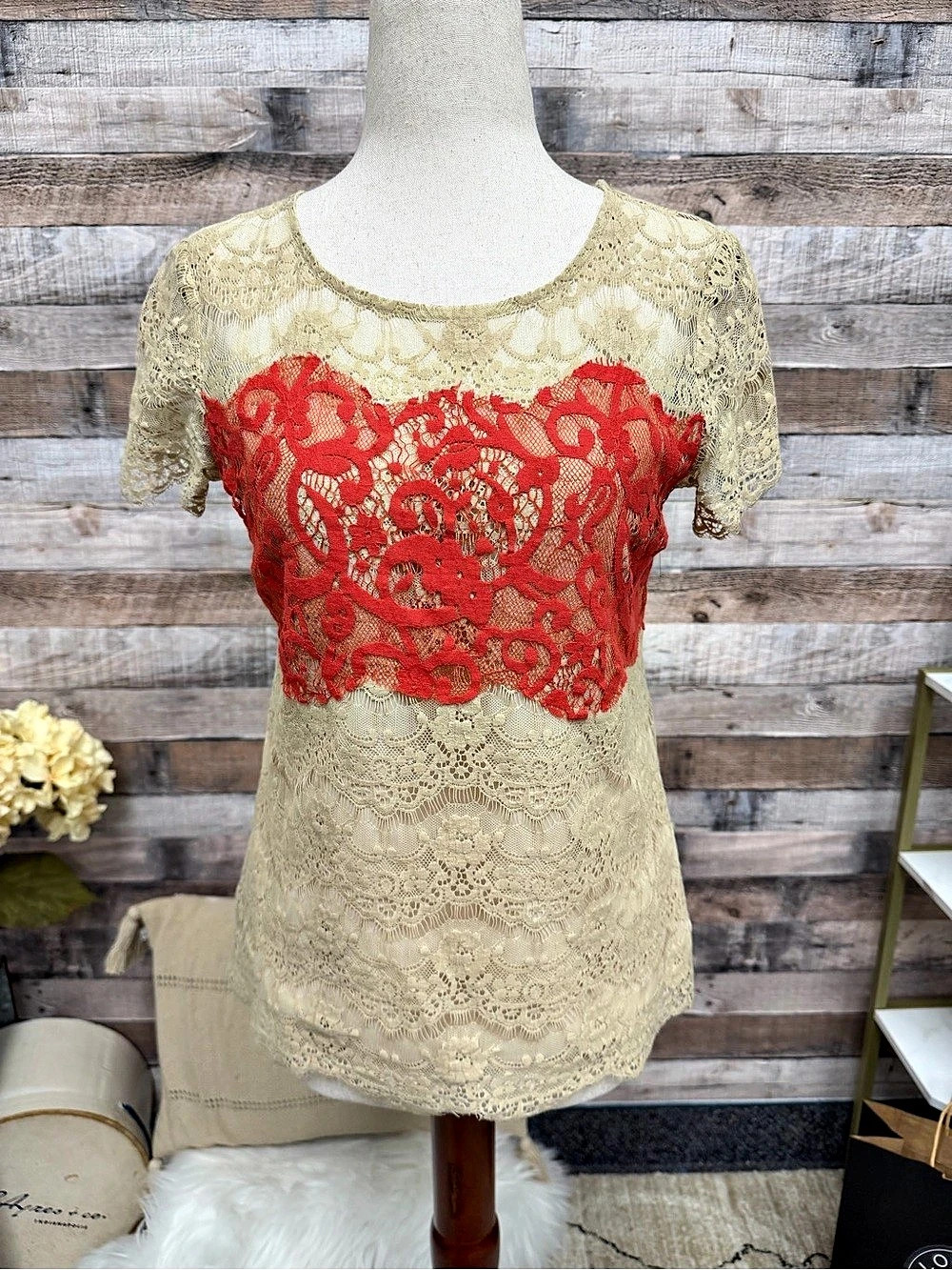 Porcelain Beige Lace Short Sleeve Blouse XS